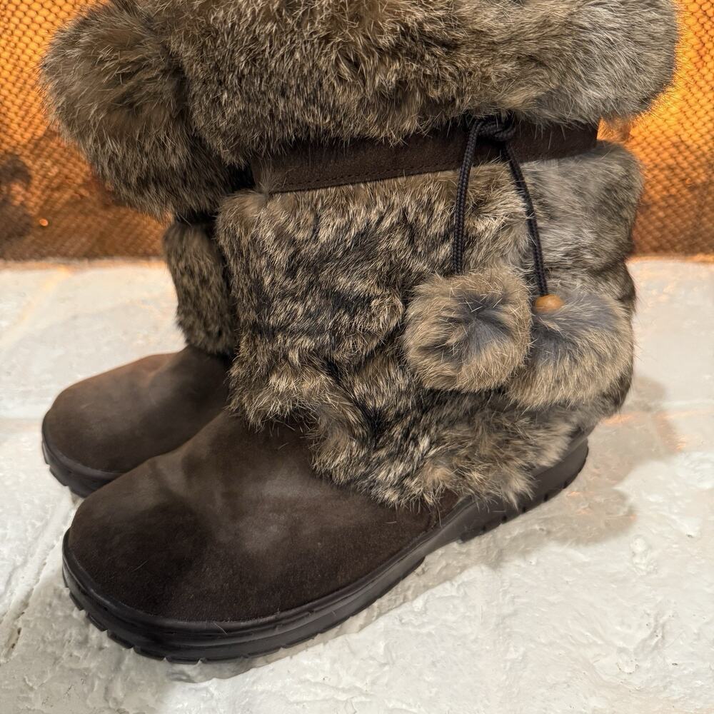 Bearpaw Rabbit Fur Suede Boots Brown Size 8 Snow Bunny Cabin Cozy Apres Ski Boot